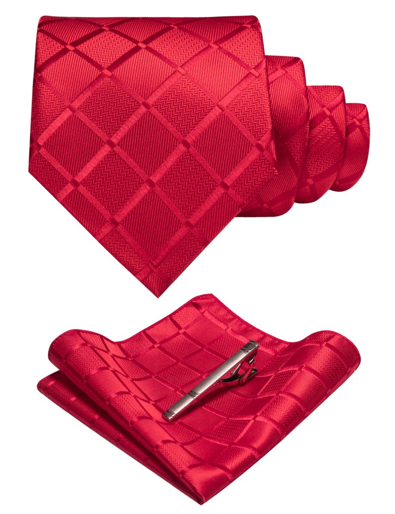 JEMYGINS Plaid Red Tie and Pocket Square Hankerchief Mens Silk Necktie with Tie Clip Sets(7) - Image 1